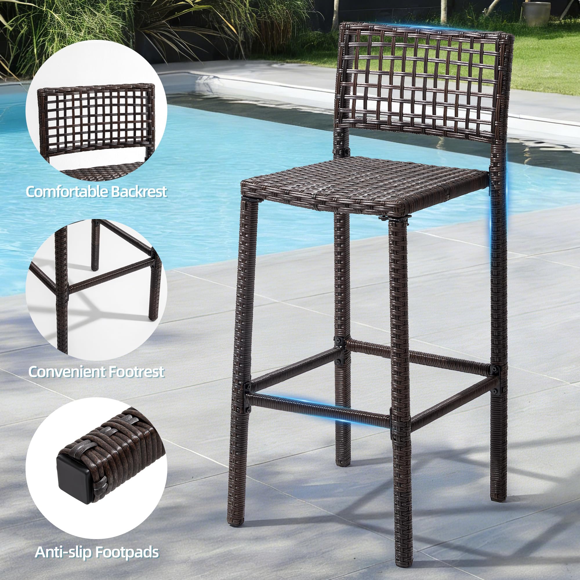 Mvpipi Outdoor Tiki Bar Set, 3 Pieces All-Weather Wicker Patio Bar Set with 2 Height Stools and Storage, Outdoor Bar Set for Outside Patio, Garden, Backyard,Brown