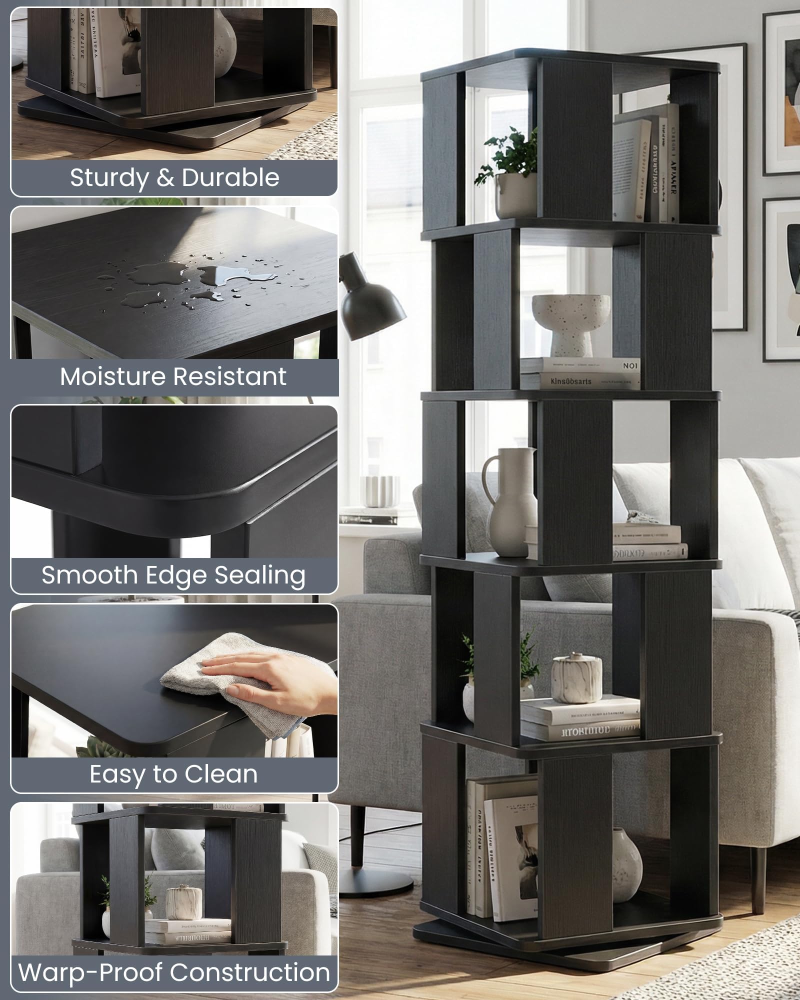 Foxemart 5-Tier Rotating Bookshelf Tower, 360° Spinning Modern Book Storage Bookcase, Stable Display Corner Book Shelf for Kids Room, Living Room, Bedroom, Home Office, Black