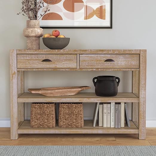 Solid Wood Console Table with Drawers & Shelves