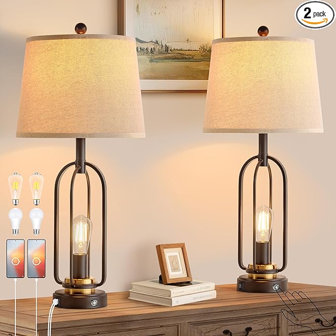 Farmhouse Table Lamps Set of 2 with USB Ports, 28" Bedside Lamps with Bulbs