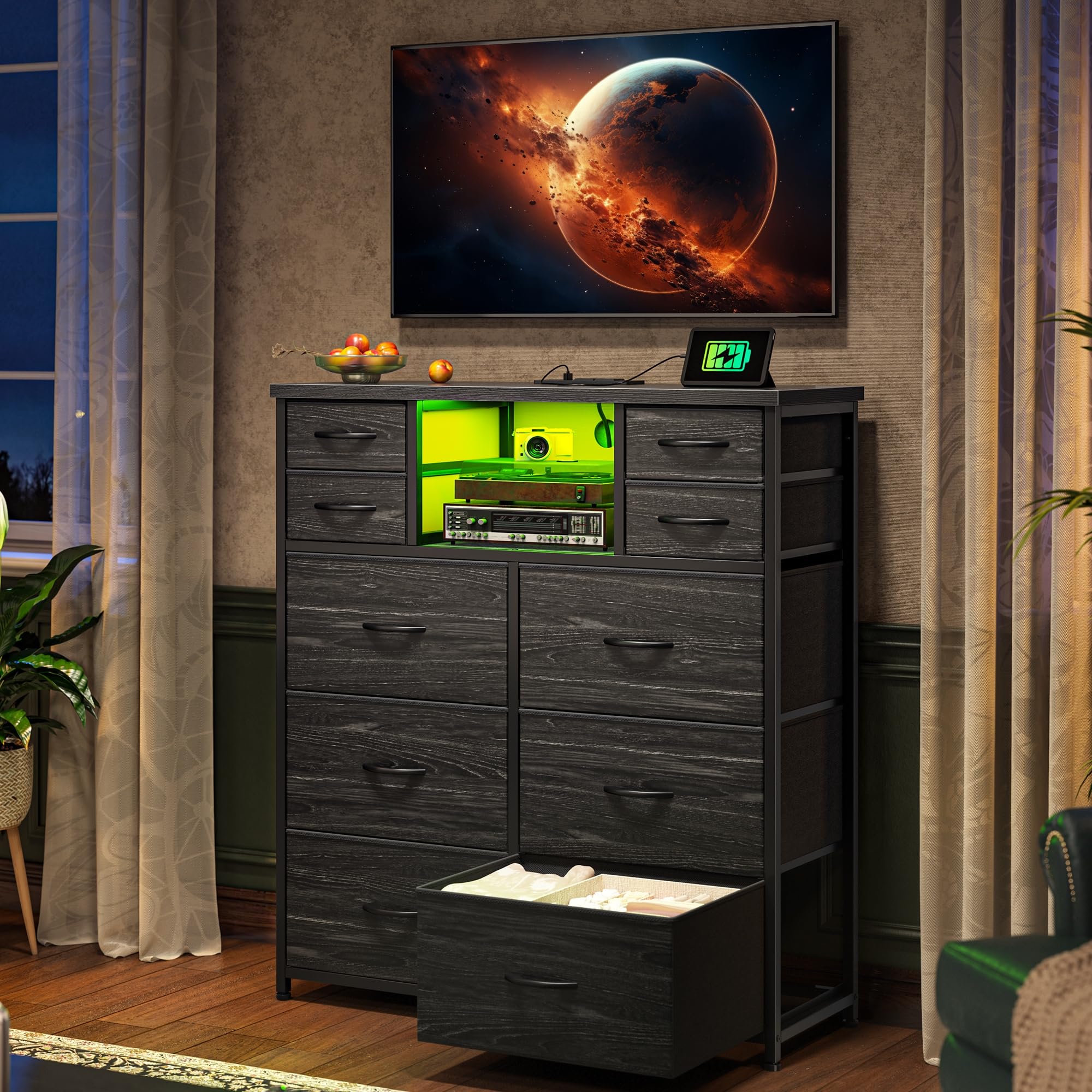Romorgniz Dresser for Bedroom with 10 Drawers Featuring LED Light and Power Outlet, Fabric Dressers & Chest of Drawers with Open Shelves for Hallway, Living Room, Metal Frame,Wood Top,Grain Black