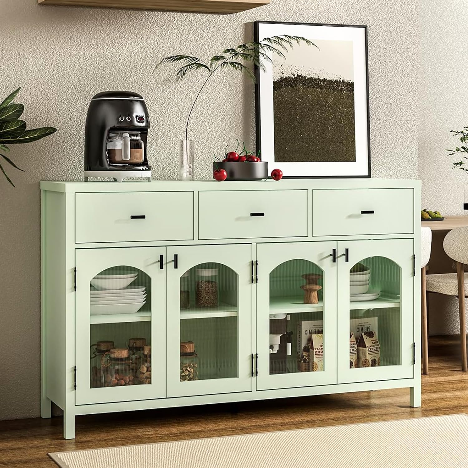 Chyanmoo 54.4" Sideboard Buffet Cabinet with Storage, Farmhouse Credenza with 3 Drawers & 4 Arched Fluted Glass Doors, Kitchen Coffee Bar for Dining Room, Living Room (Green)