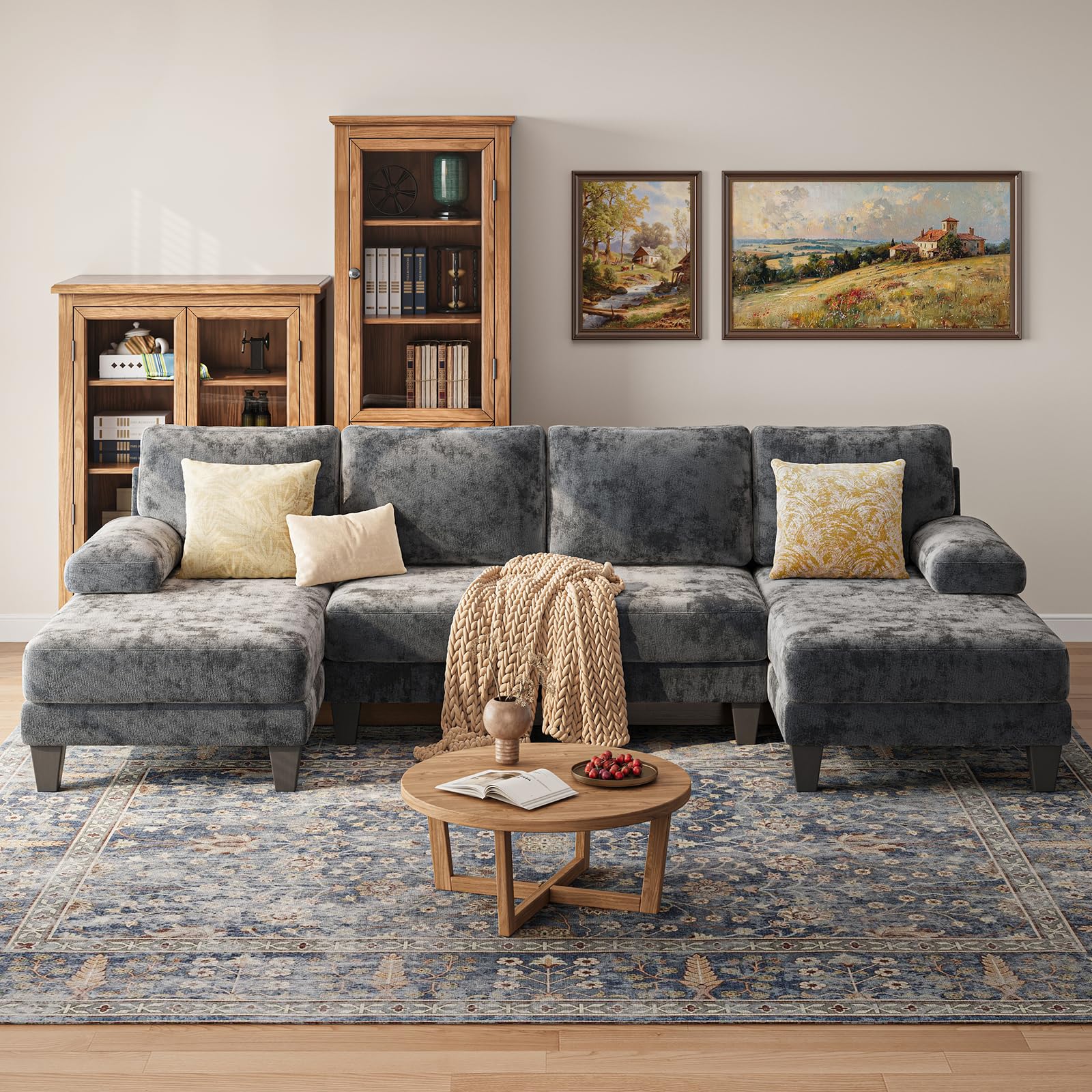 TROMIRY Sectional Couches for Living Room | 112 Inch U-Shaped Sectional Couch | 4 Seat Sofa Set with Double Chaise for Apartment | Dark Grey Chenille