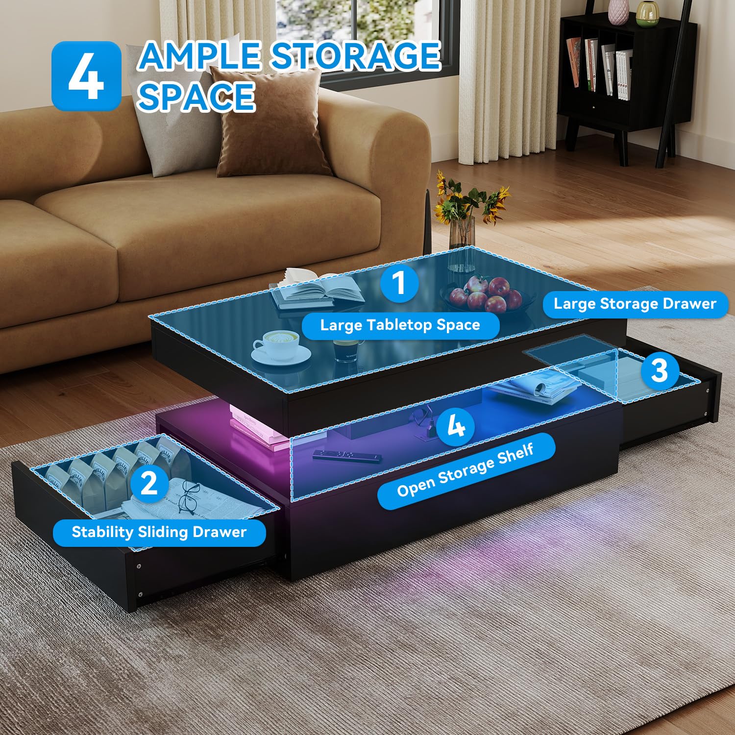 39” Modern High-Glossy LED Coffee Table with 2 Sliding Drawers, Living Room Storage Coffee Tables, Modern Stylish Double-Layer Center Tables with LED Lights, Black