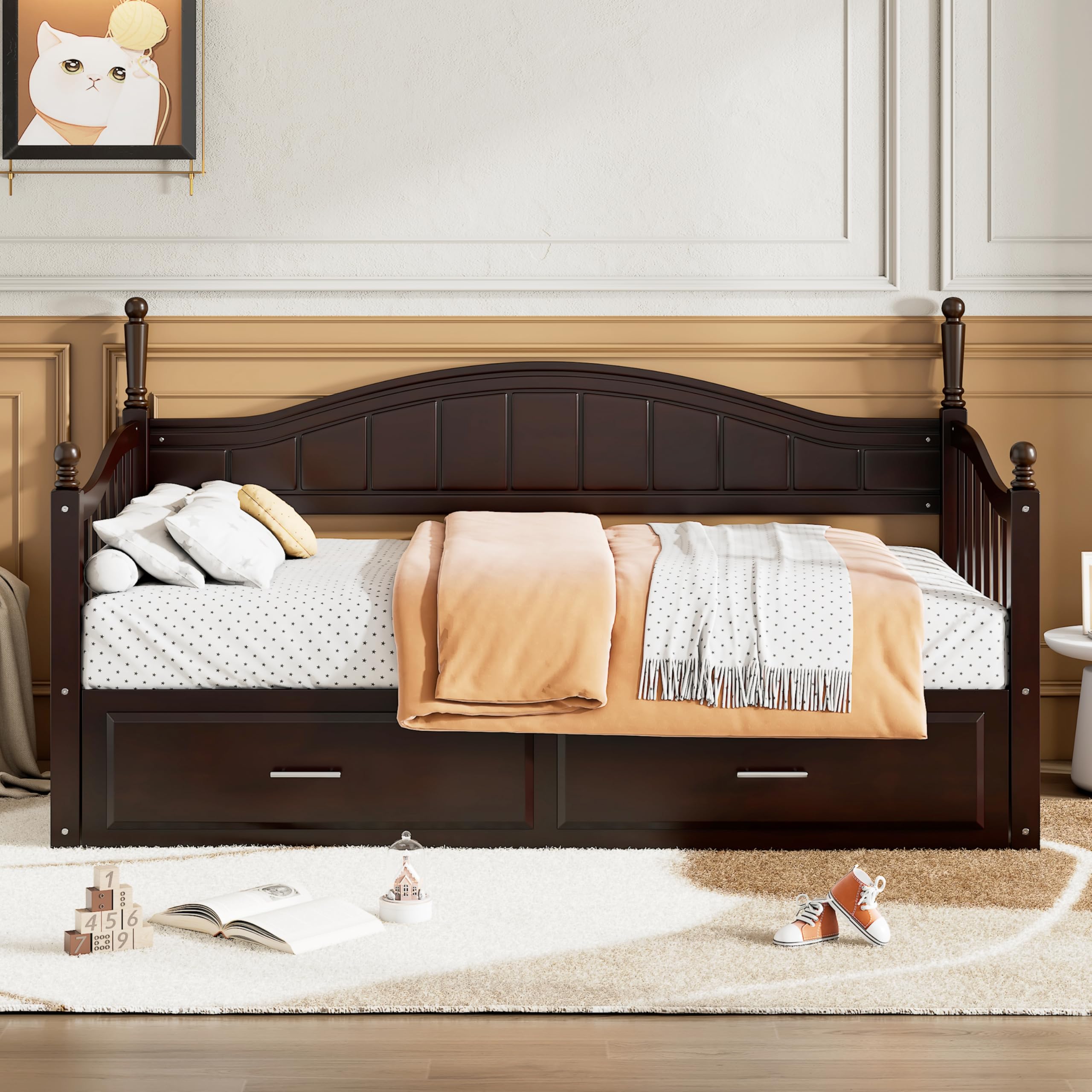 Merax Modern Wood Daybed with Pop Up Trundle Twin to King Extendable Sofa Bed Frame for Kids Teens Adults/No Box Spring Needed Espresso