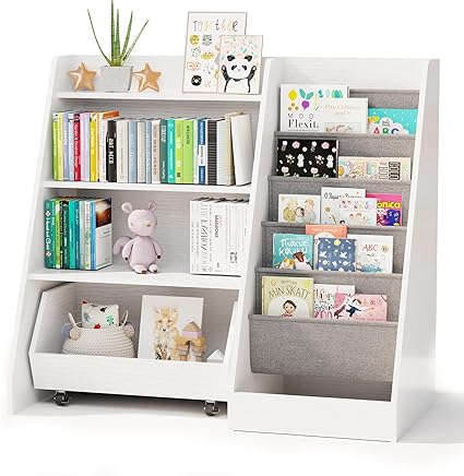 Kids Bookshelf with Toy Storage & Movable Drawer, 4-Tier