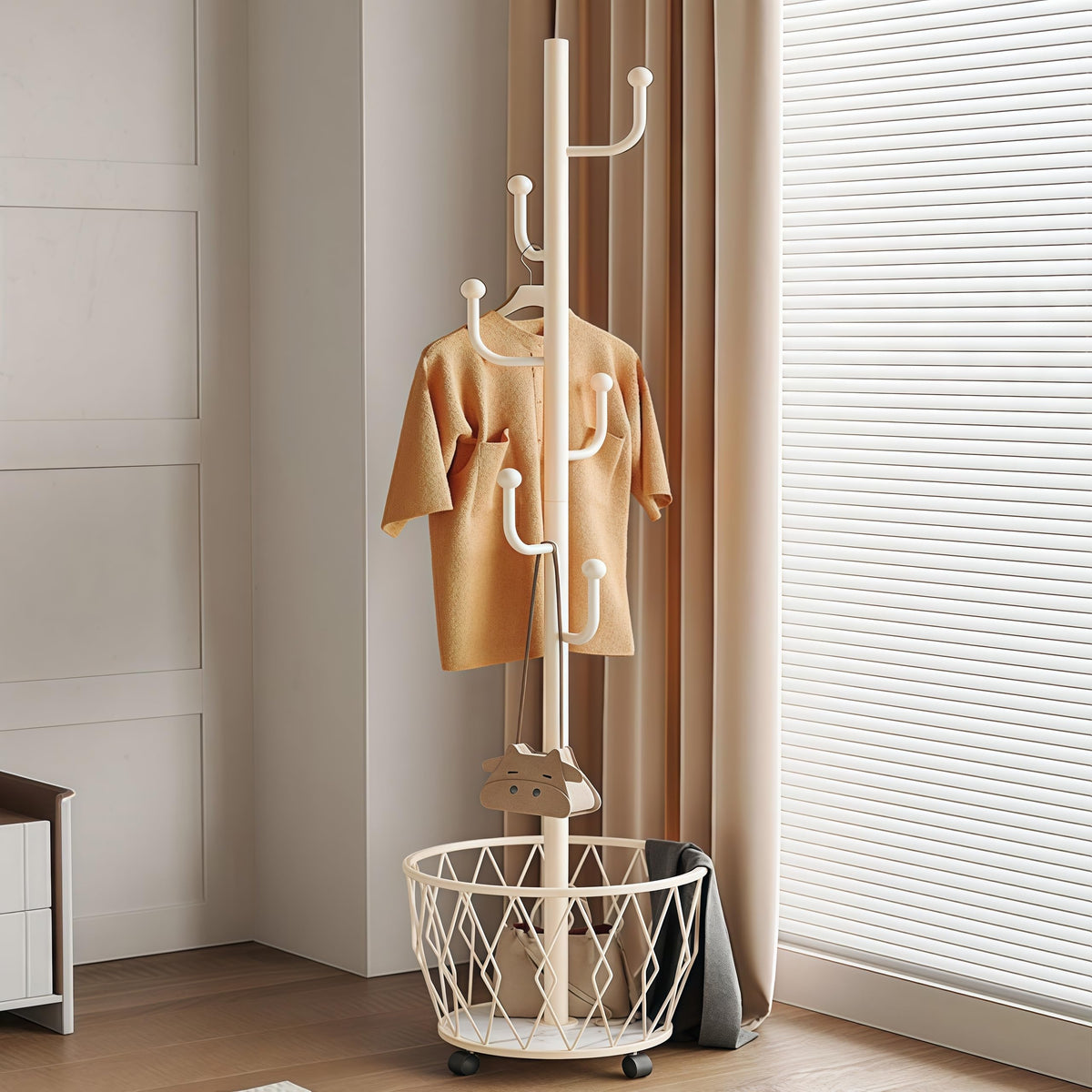 CBBZJY Off-White Moveable Cactus Metal Coat Rack with Basket Freestanding