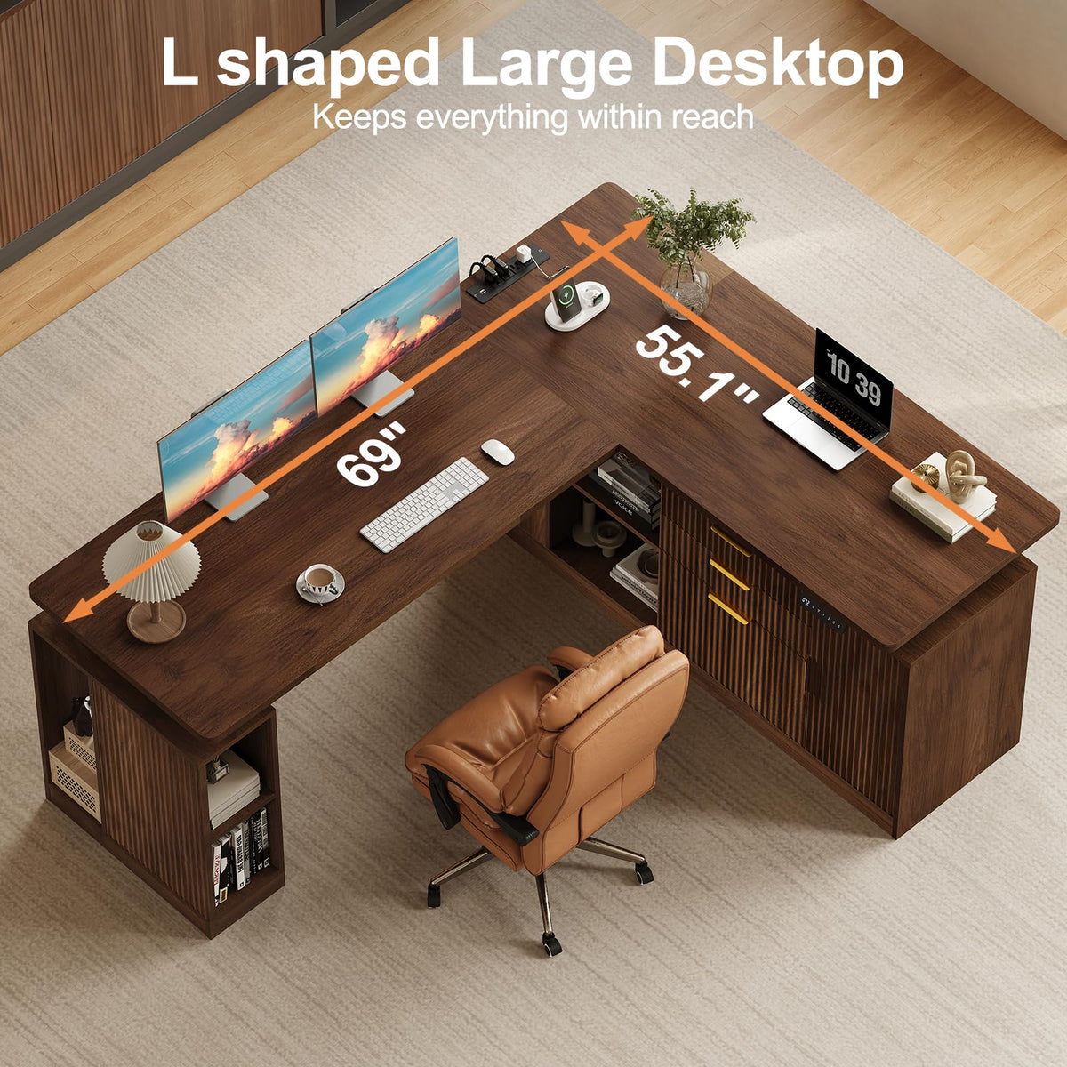 Curlaky L Shaped Electric Standing Desk - Fluted 69" Executive Desk
