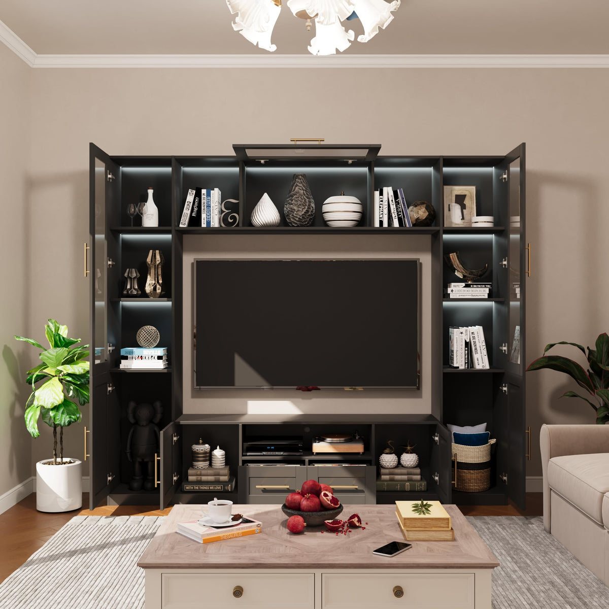 Jiaoun 4-Piece Entertainment Center Wall Unit, Multifunctional TV Stand with Tempered Glass Door/LED Lights, Up-Flip Door & Shelves, Large Console Storage Cabinet Set for TVs Up to 70", Black