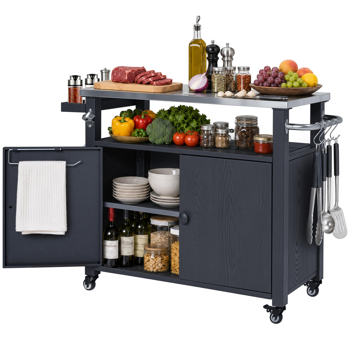 COMLAX FIELD Outdoor Grill Cart with Storage and Stainless Steel Top, Black