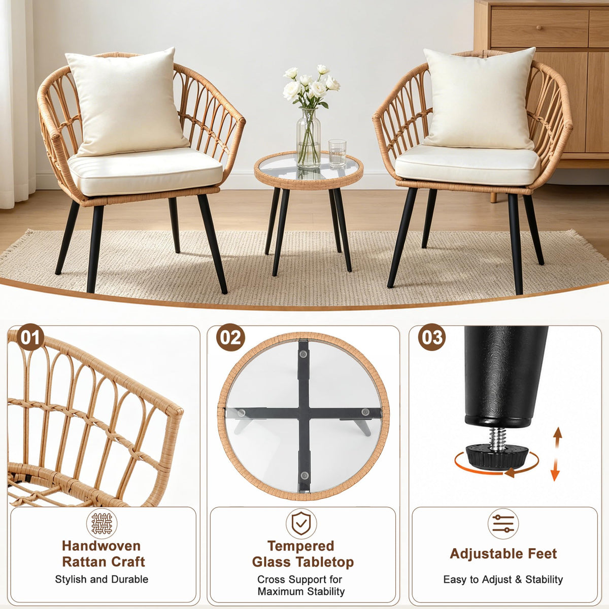 Maagorbyme 3 Piece Patio Bistro Set, All-Weather Outdoor Wicker Patio Furniture Set, Bistro Table and Chairs Set of 2, Space Saving Balcony Furniture Sets for Apartment, Garden, Poolside, Backyard