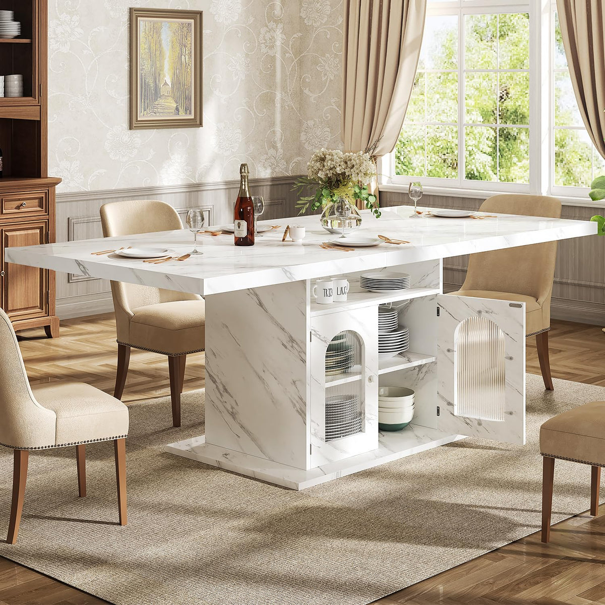 Faux Marble Dining Table with Storage