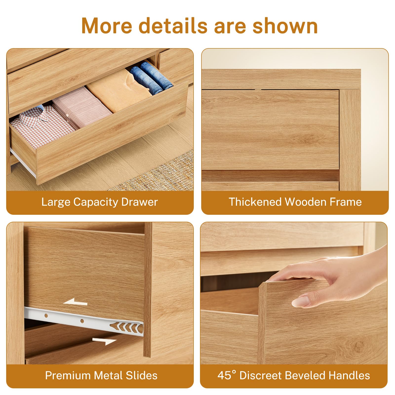 TEENFON 55" Dresser for Bedroom with 6 Drawers, Modern Dressers & Chests of Drawers with Metal Handles, Wooden Dresser TV Stand, Bedroom Dressers, for Bedroom, Hallway, Natural