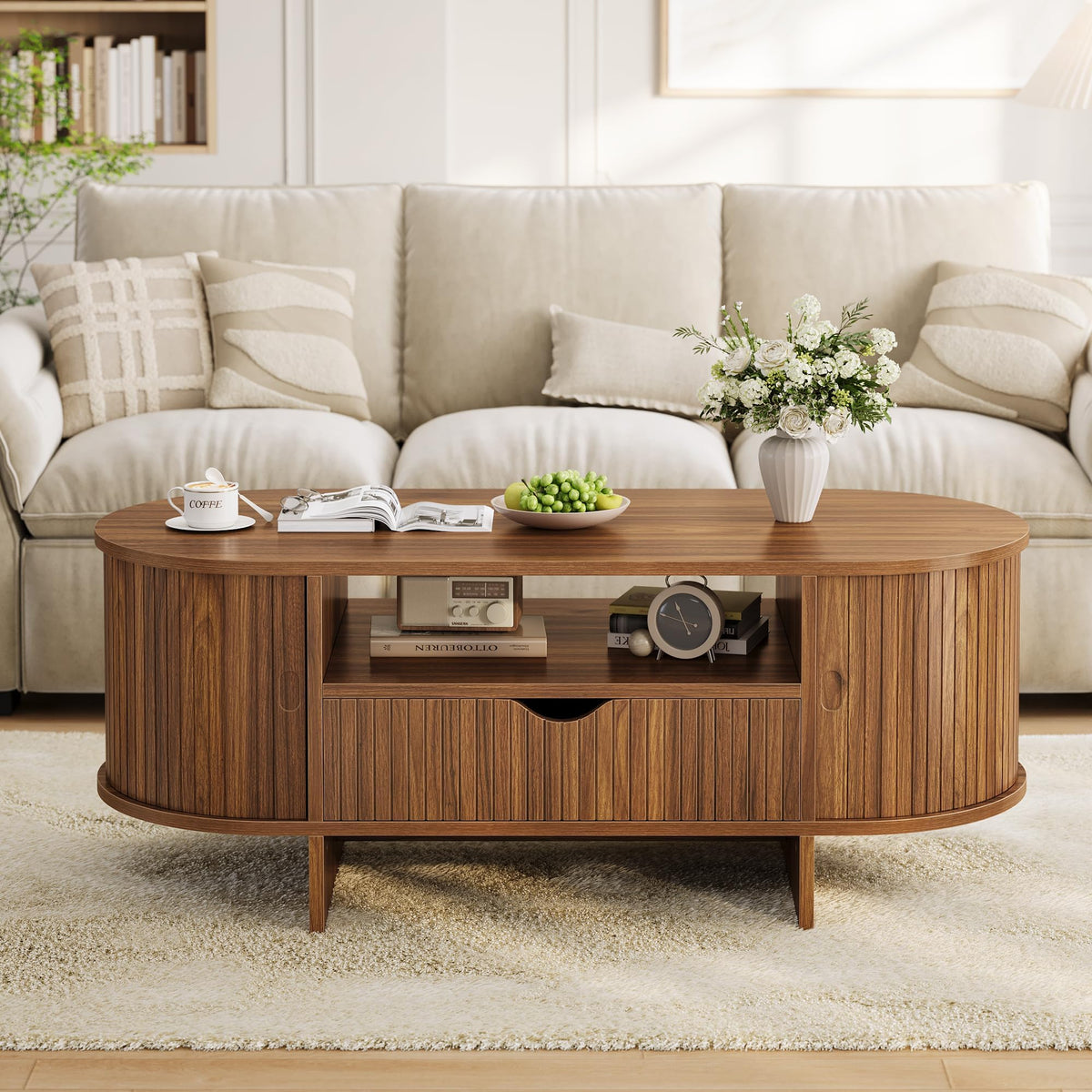 47" Oval Coffee Table with Storage, Mid Century Modern Fluted Center Table