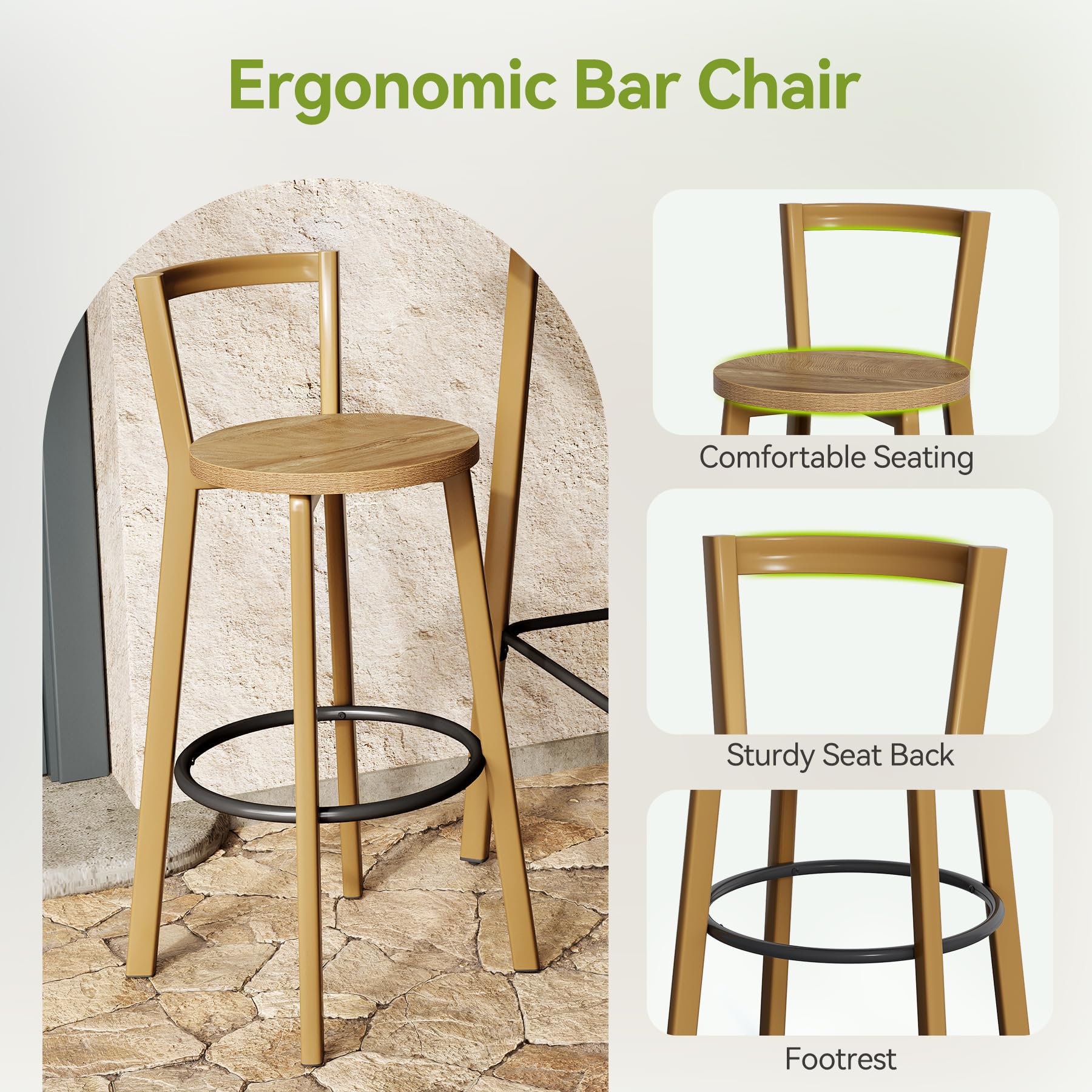 Bar Table and 2-Chair Set with Footrest, Oak