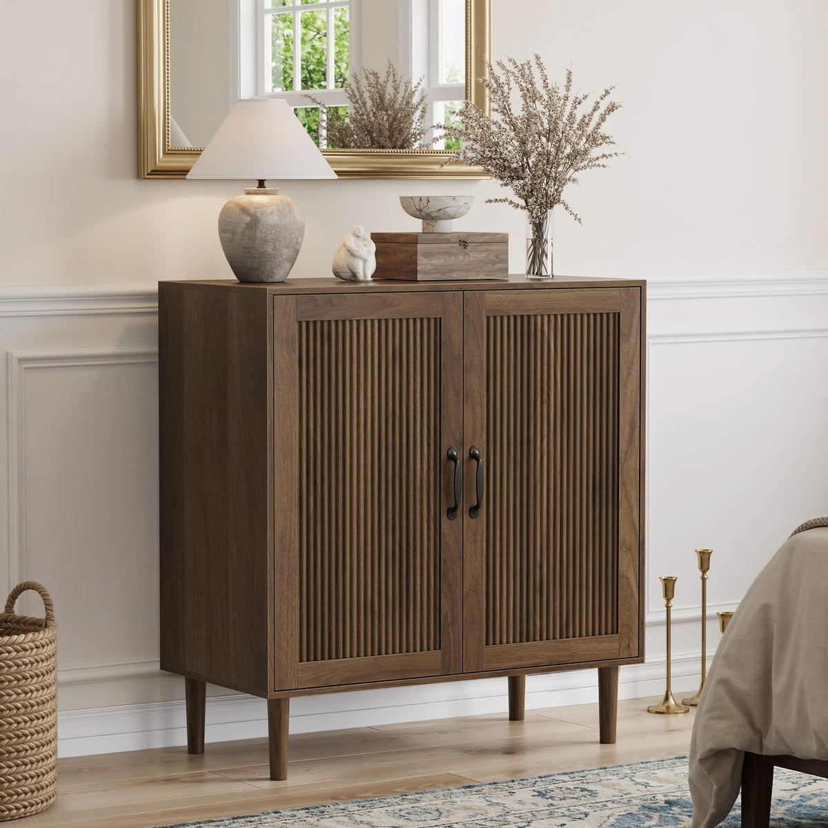 Algherohein Sideboard Cabinet with Adjustable Shelf, Freestanding Small Buffet with Storage, Wooden Console Cabinet with Gradien Fluted Doors for Living Room, Entryway, Console 31.5 in (Walnut)