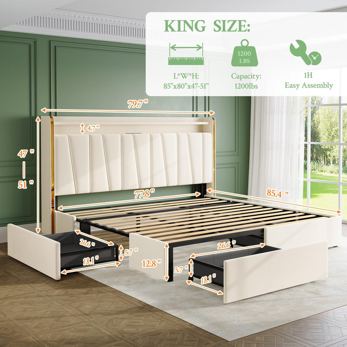 King Upholstered Storage Bed with LED Headboard