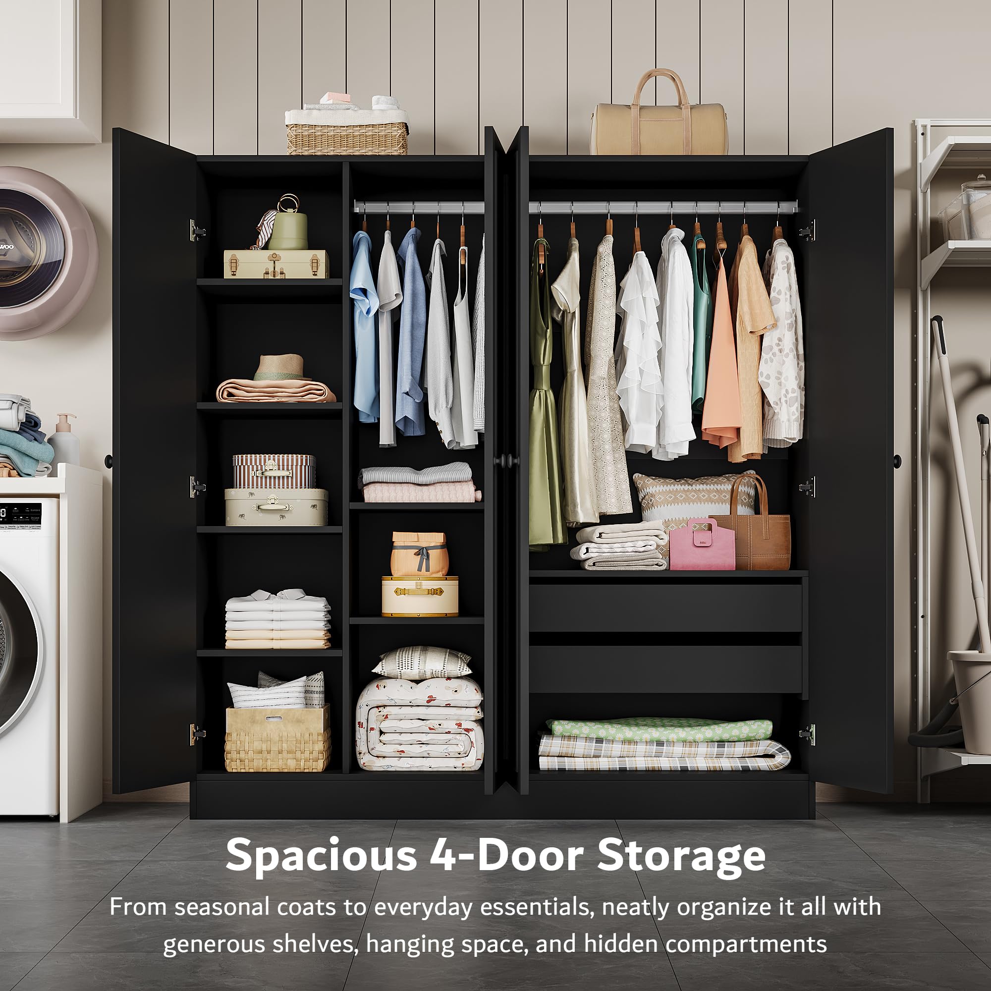 iPormis 4 Doors Armoire Wardrobe Closet with 2 Drawers, 63" Large Wardrobe Cabinet with Removable Hanging Rods and Adjustable Shelves, Closet Storage Cabinet for Bedroom, Cloak Room, Black