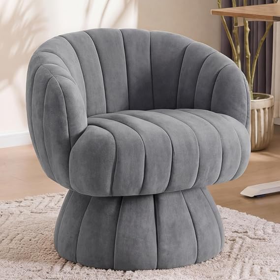 Beige Velvet Swivel Barrel Chair