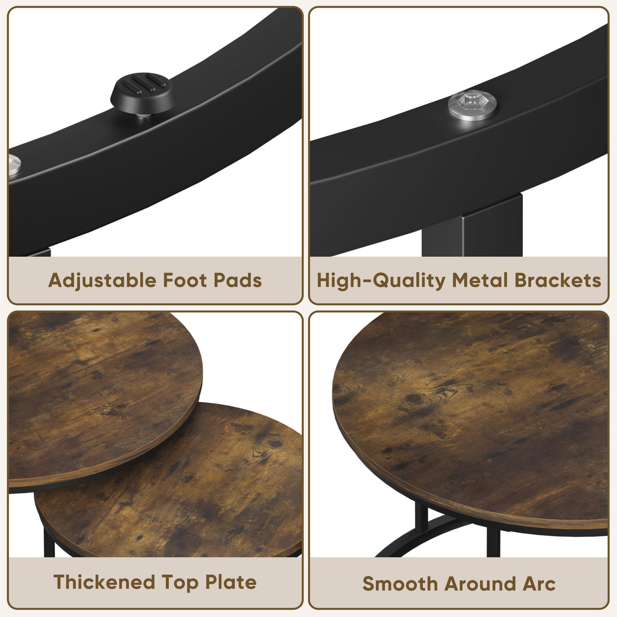 Smuxee Rustic Nesting Coffee Table Set of 2, 27.6" Round Coffee Table Wooden Marble Pattern with Adjustable Non-Slip Feet, Industrial End Table for Living Room Bedroom Balcony