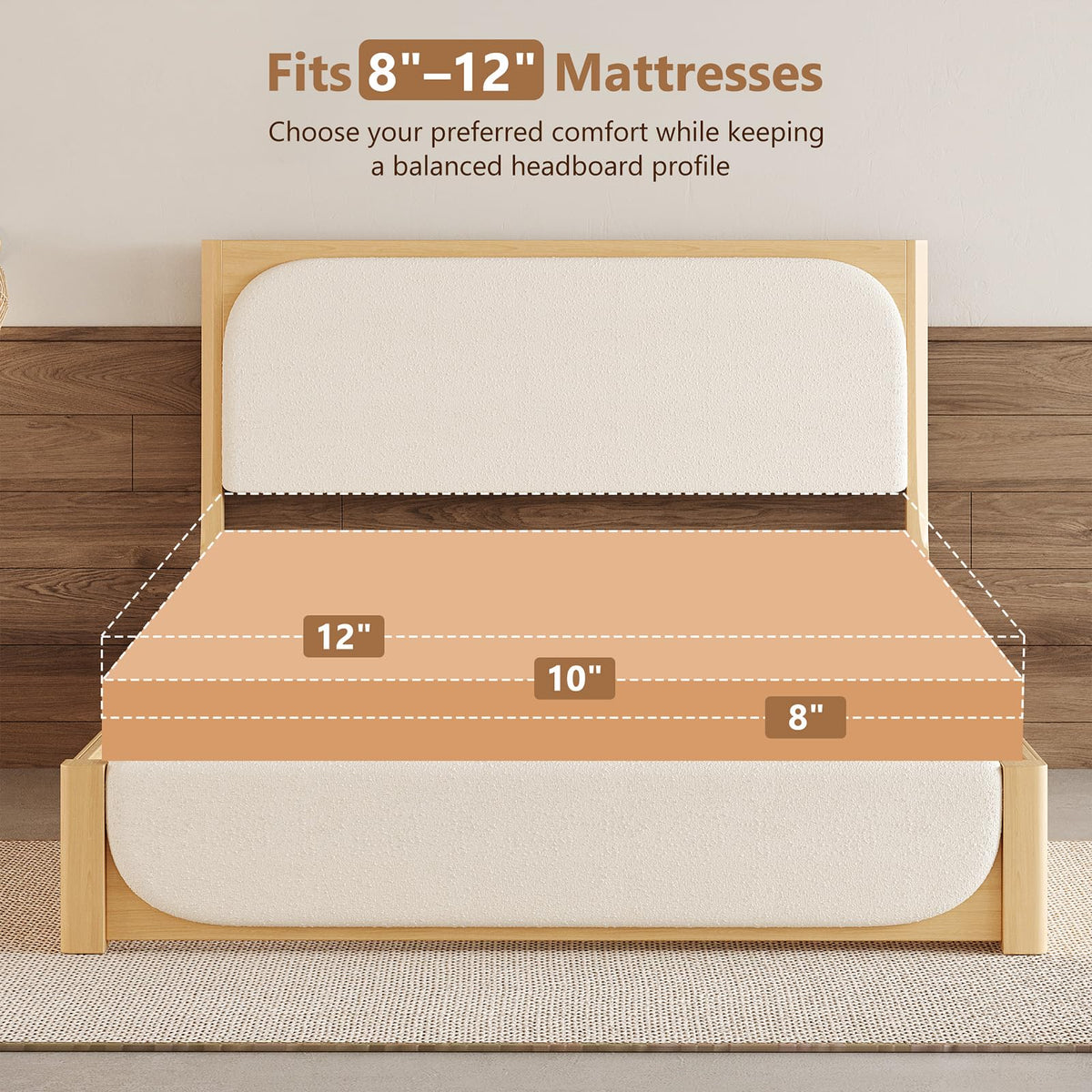 IMMERSTABLE Queen Bed Frame with Upholstered Boucle Headboard, White