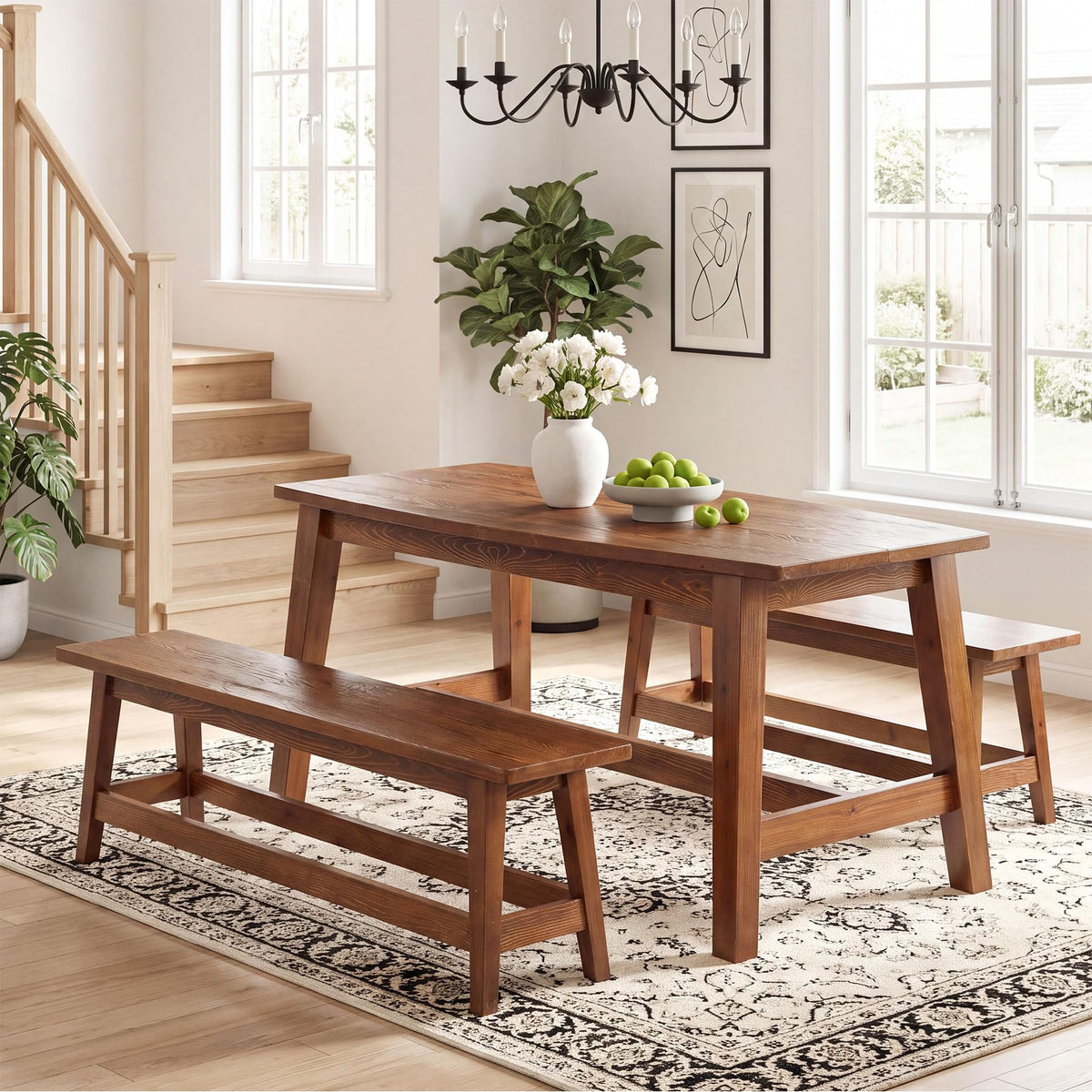 Tribesigns 55-Inch Farmhouse Solid Wood Dining Table Set with 2 Benches