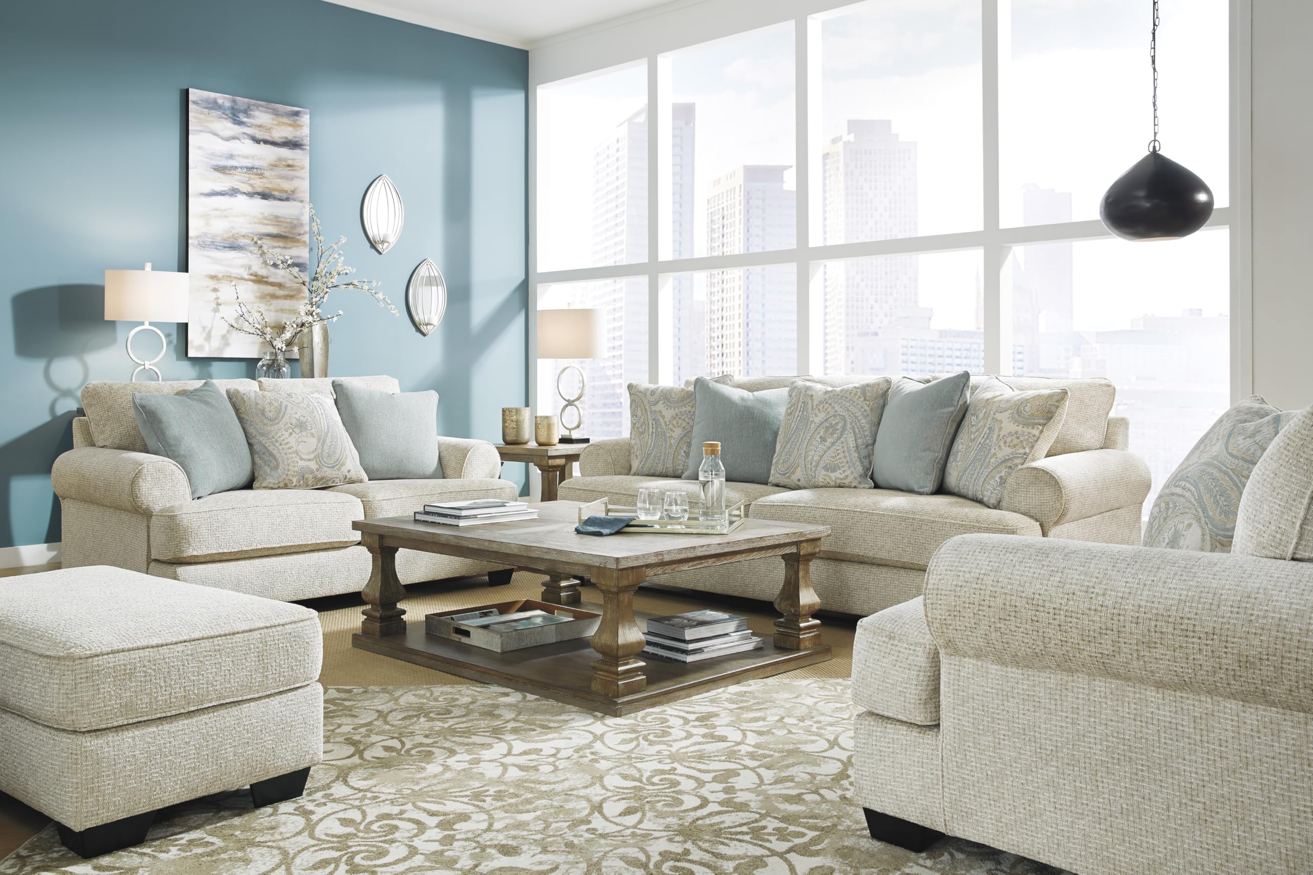 Chenille Loveseat with Rolled Arms, Reversible Cushions & Accent Pillows