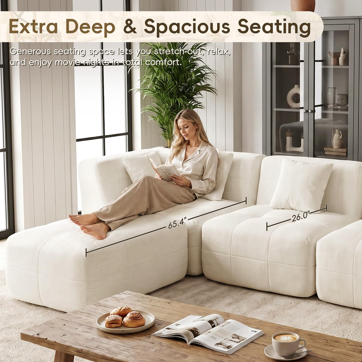XVD 110" Boneless Couch, Modular Sectional Sofa with Deep Seat, Off White
