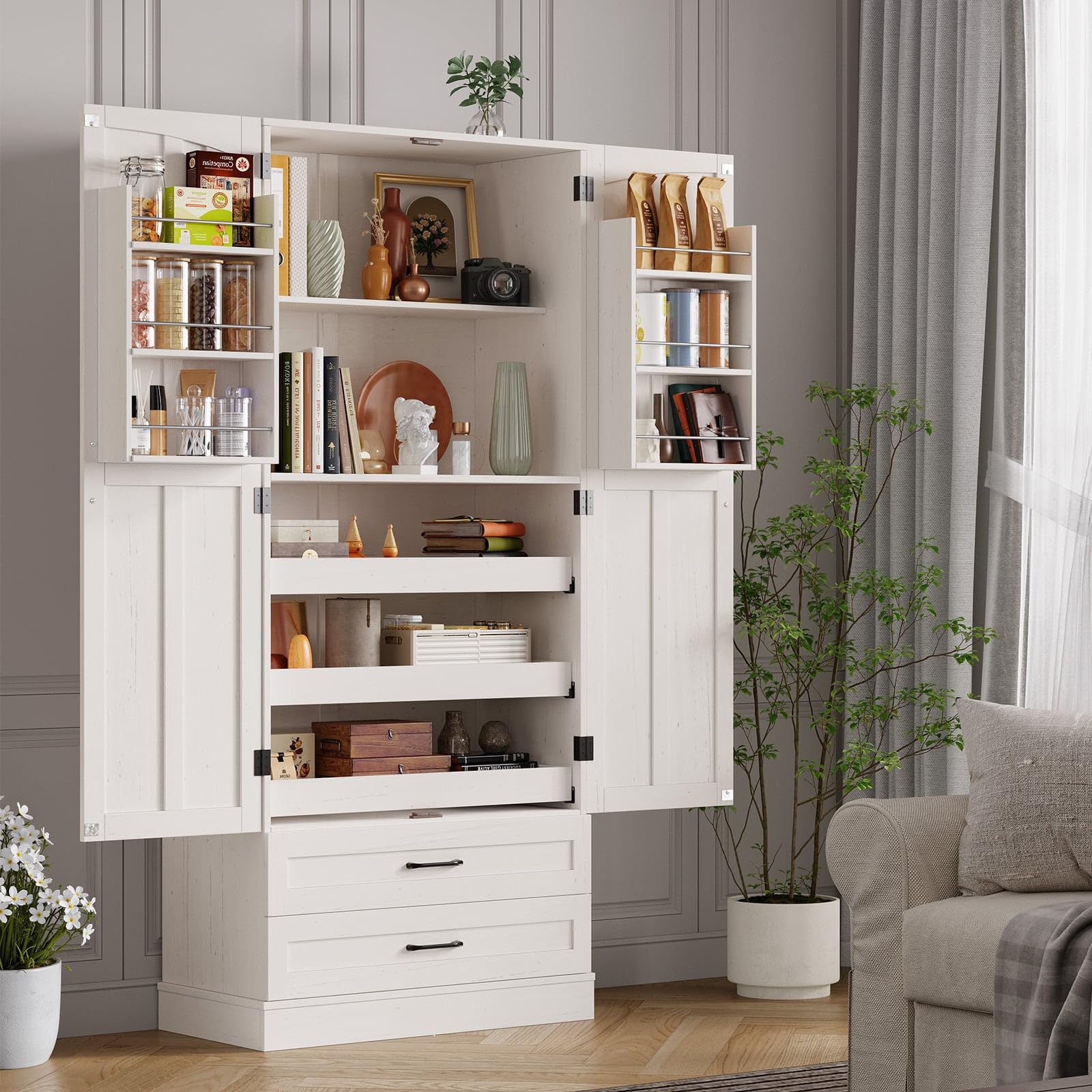 ONBRILL 71" Tall Farmhouse Kitchen Pantry Cabinet with 3 Pull Out Shelves & 2 Large Drawers, Pantry Storage Cabinet with 6 Door Shelf & Adjustable Shelf, Freestanding Cupboard for Kitchen, Dining Room