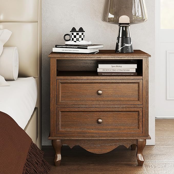 Nightstand with 2 Drawers, Open Shelf & Charging Station