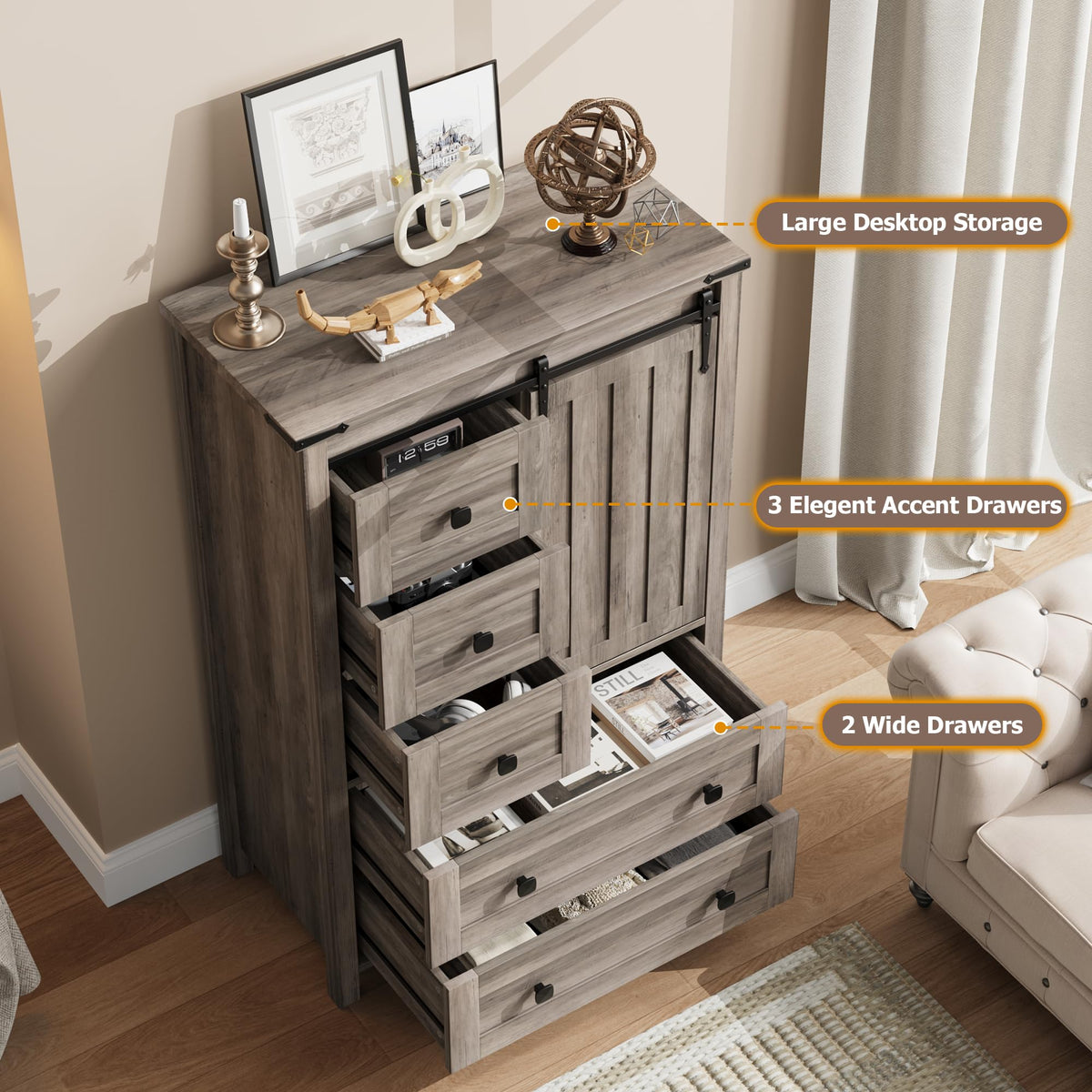 GarveeHome 48" Tall 5 Drawer Dressers with Sliding Barn Door, Grey