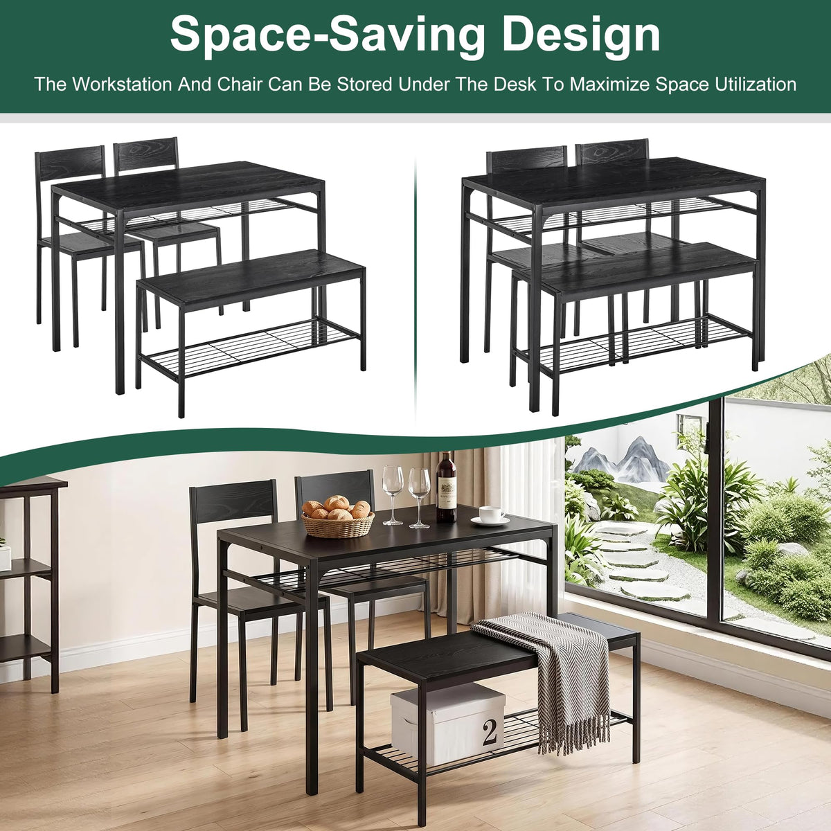 VECELO Kitchen Dining Room Table with 2 Chairs & Bench, Compact Space-Saving Design, Easy Assembly Steel Frame, Perfect for Small Apartments & Breakfast Nooks，Classic Black