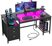 60" Computer Desk with LED Lights, Drawers & Charging Station