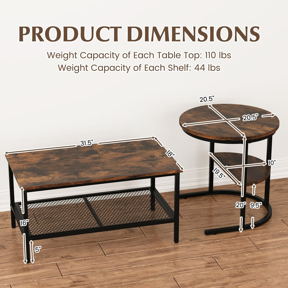 KOTEK Nesting Coffee Table Set of 2, Detachable Rectangular Coffee Table & Small Round End Table Set, Faux Marble Pattern & Sturdy Metal Frame, Modern Nesting Tables for Living Room (Brown)