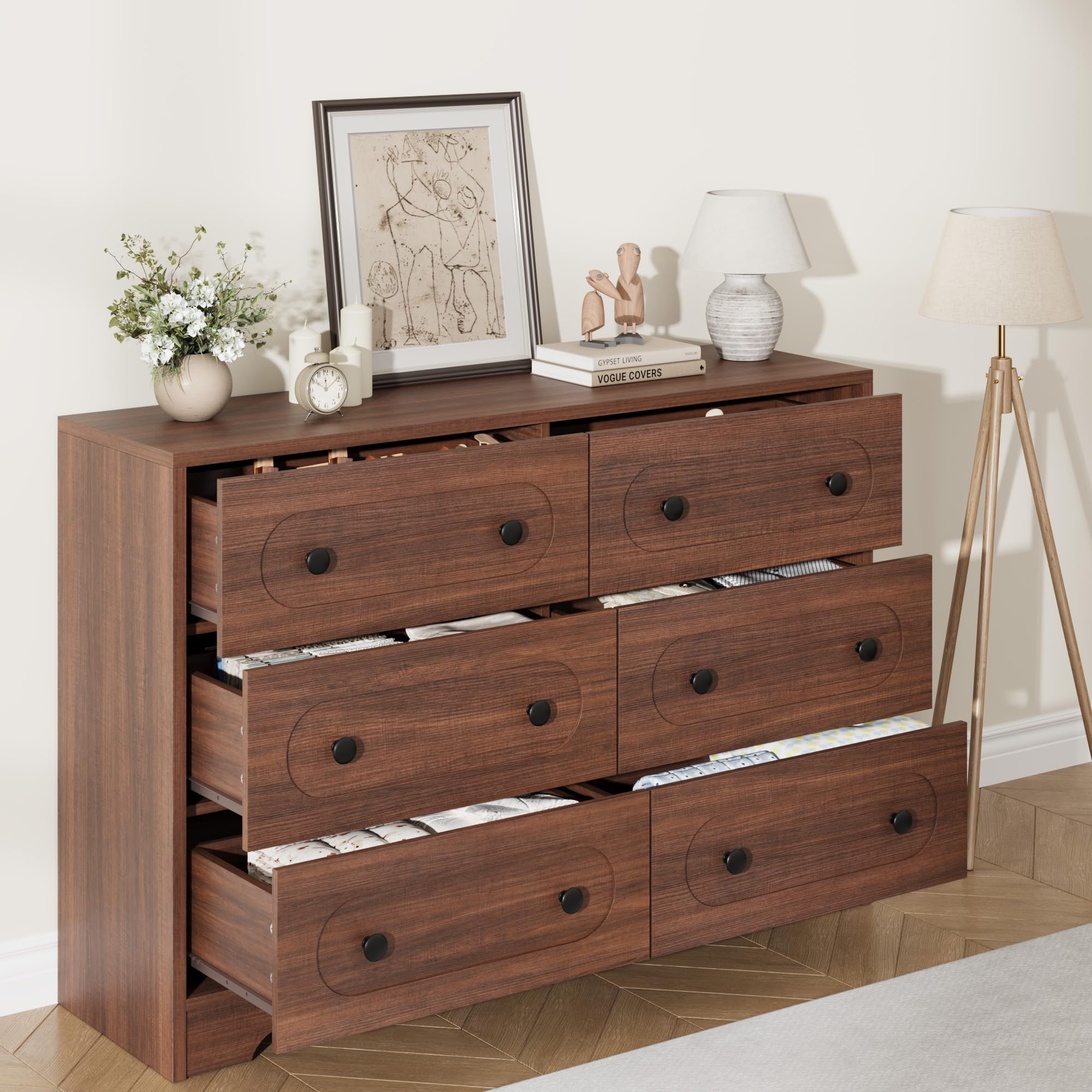 Garvee 6 Drawer Dresser for Bedroom, 47" Wide Large Dresser with Deep Drawers & Metal Knobs, Wooden Mid Century Modern Chest of Drawers for Living Room, Entryway, Hallway, Walnut