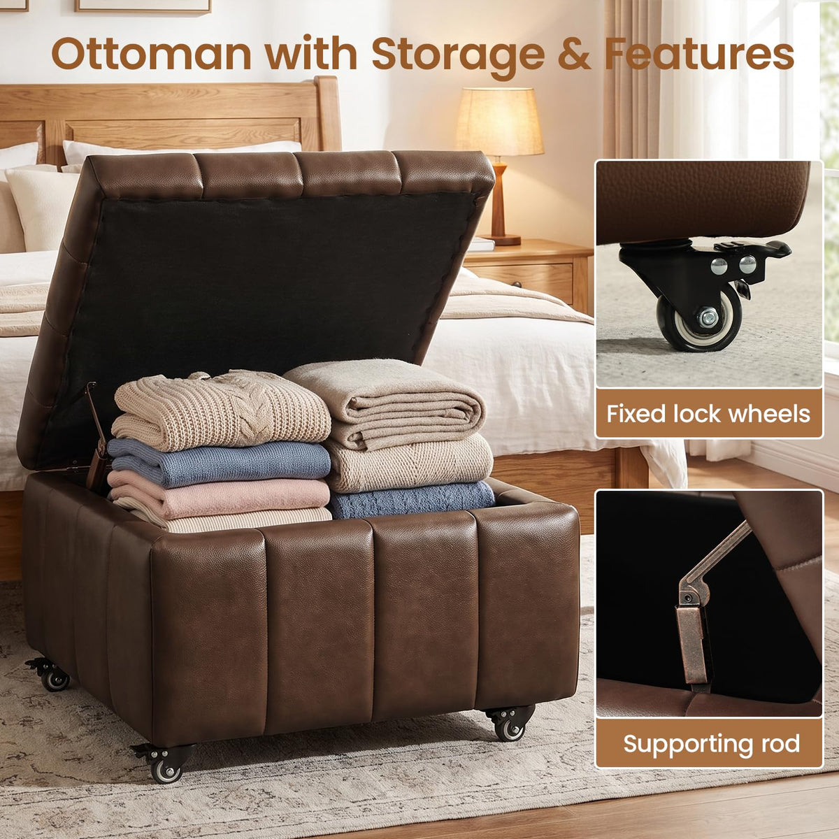 Faux Leather Rolling Storage Ottoman