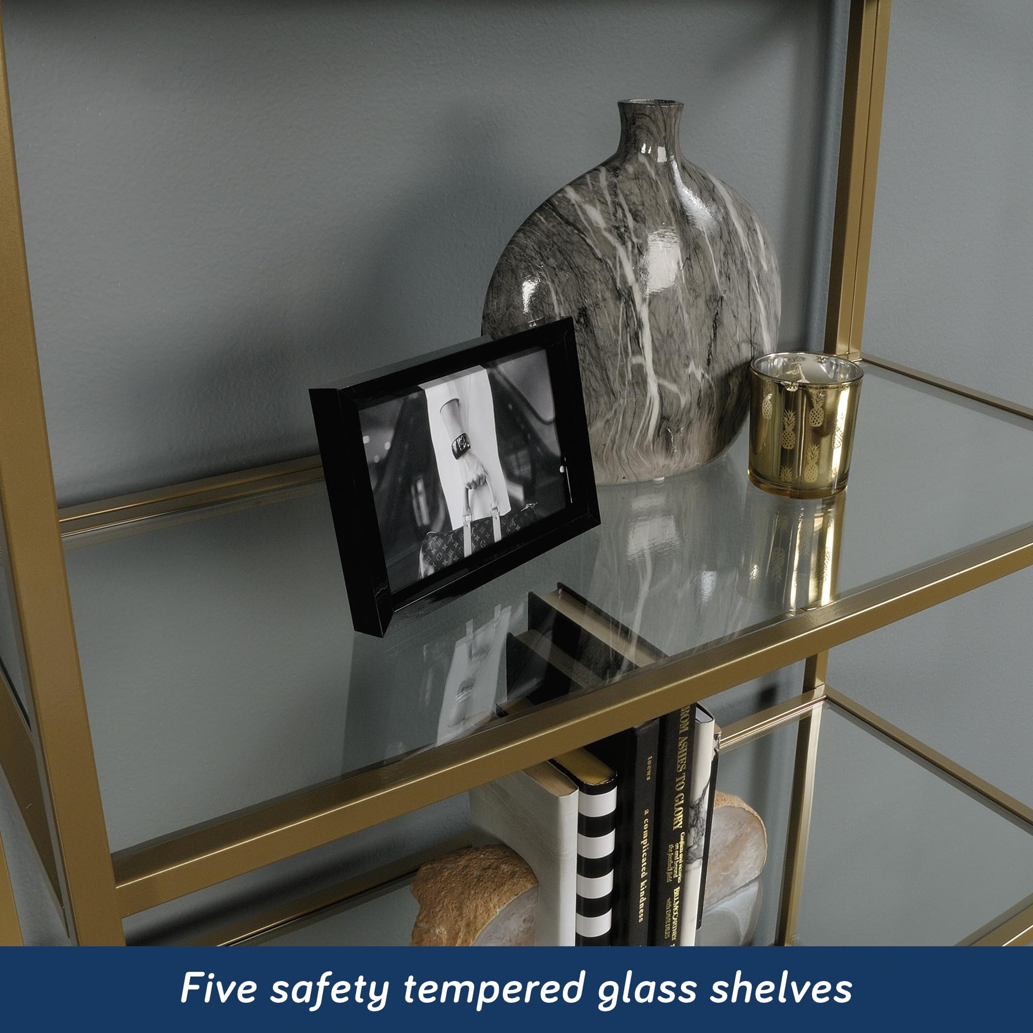 5-Shelf Glass Bookcase – Gold Satin Metal Frame