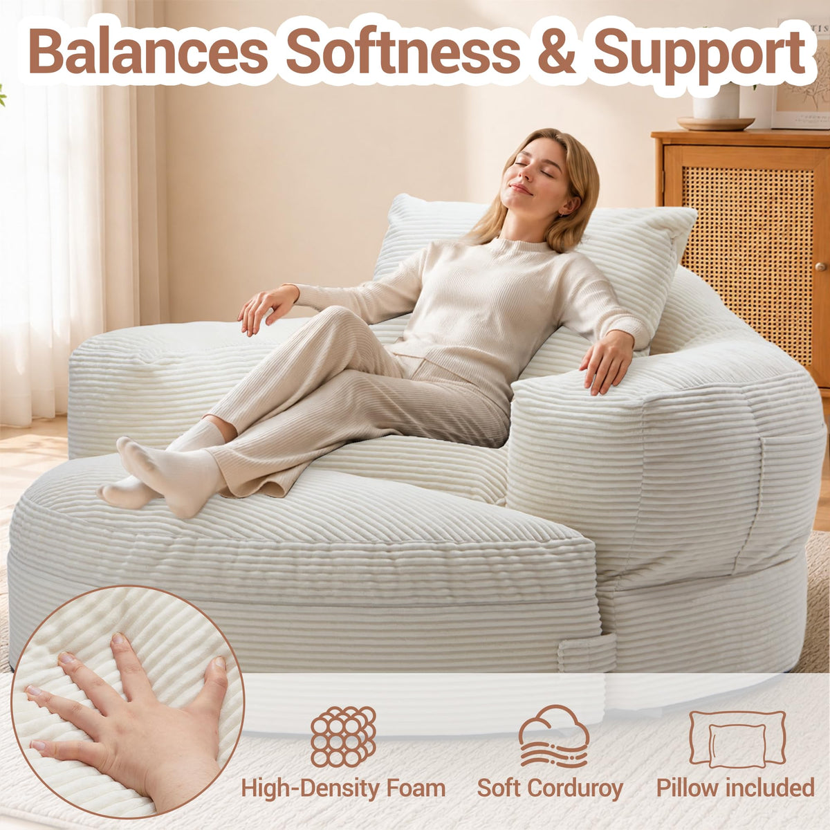 WiNVO 63''Oversized Round Chaise Lounge Chair with Footrest Ottoman(Beige)