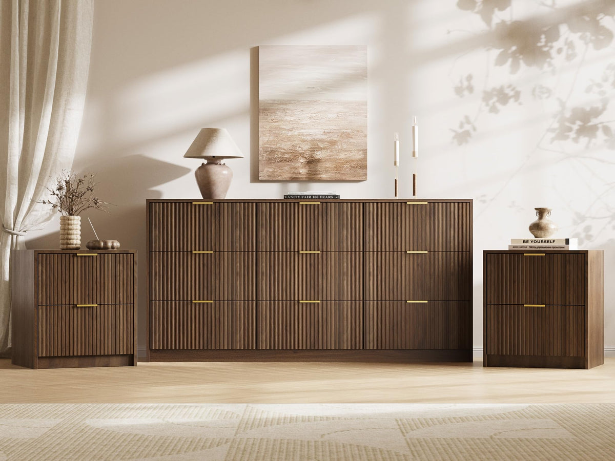 Walnut 3-Piece Bedroom Set, 9-Drawer Dresser & 2-Drawer Nightstands