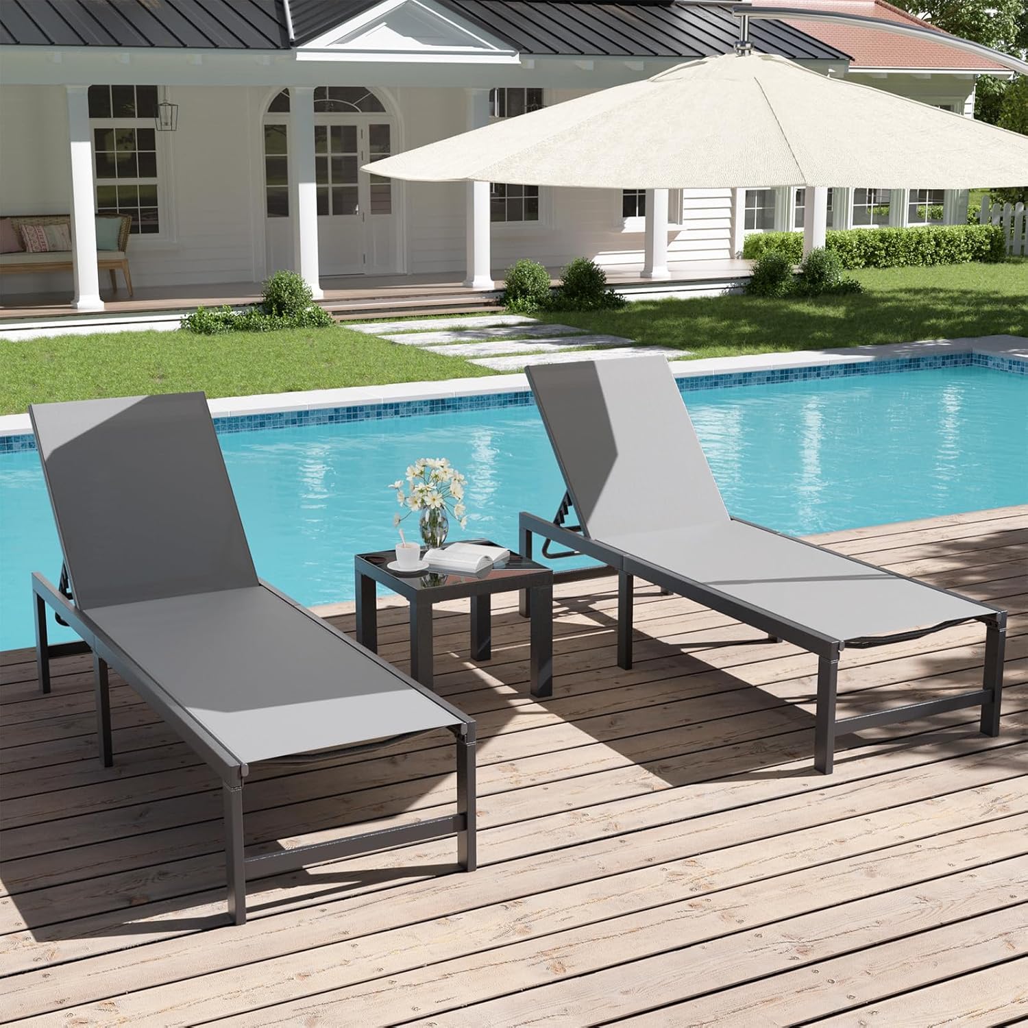 Outdoor Textilene Chaise Lounge Set with Side Table