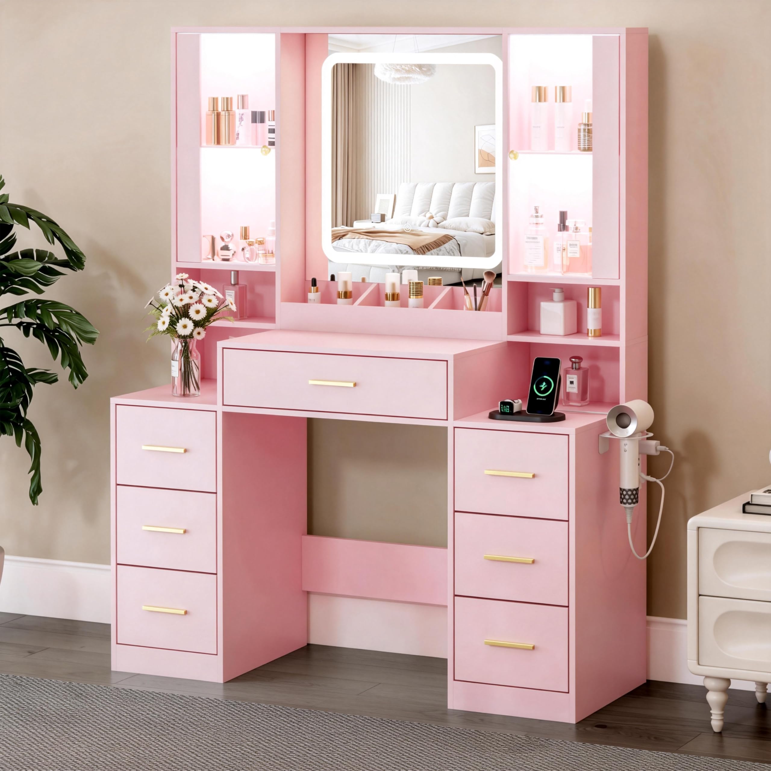 ANYMAPLE Vanity Desk with Mirror & Lights, Makeup Vanity with Power Strip, 7 Drawers & 2 Cabinets, Hair Dryer Holder, RGB Cabinet Lighting, 3-Color Dimmable Mirror