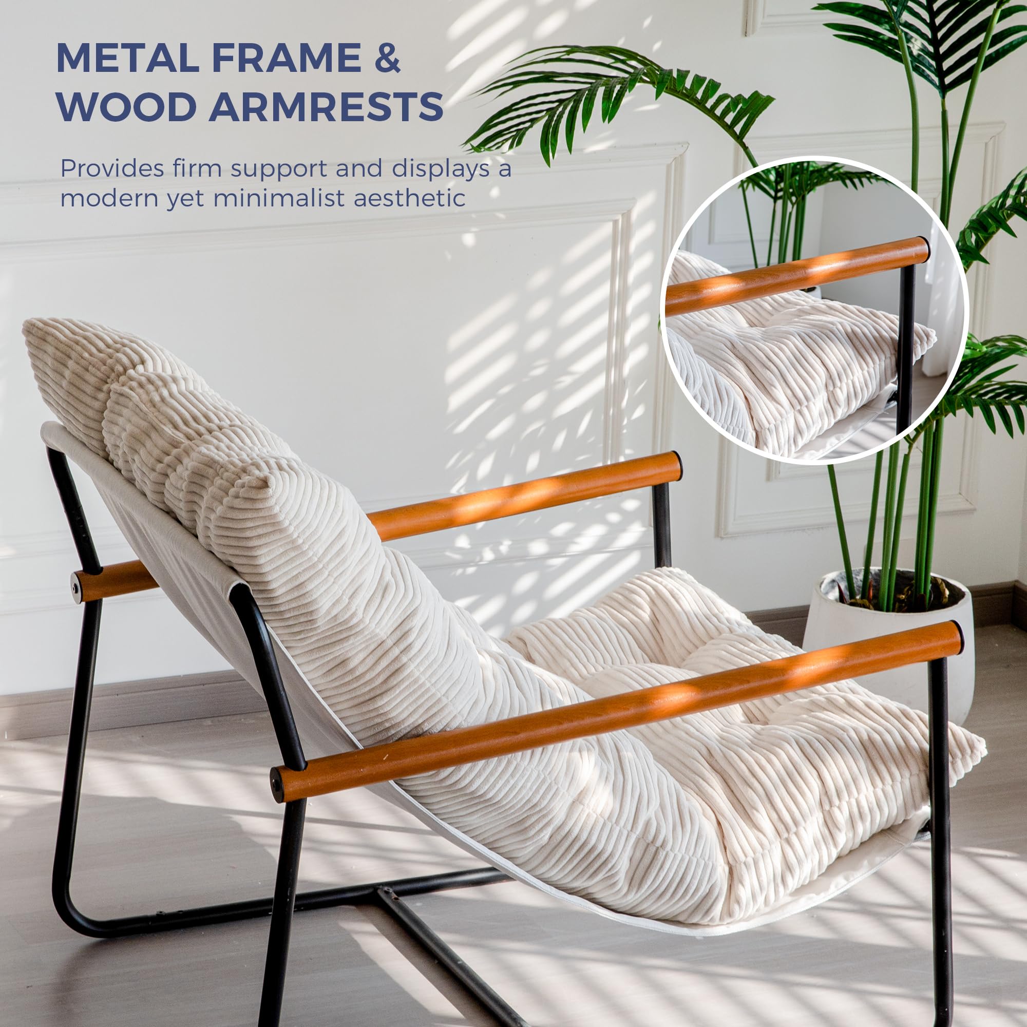 Tufted Accent Armchair with Metal Frame & Wooden Armrests