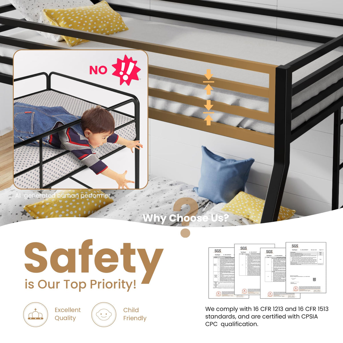 SHA CERLIN Bunk Bed Twin Over Full Size with Ladder and Guardrail,Black