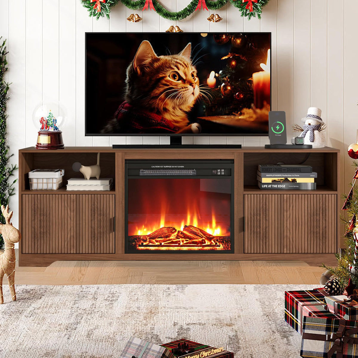 Fireplace TV Stand for Tvs up to 80" with Adjustable Shelf Charging Station