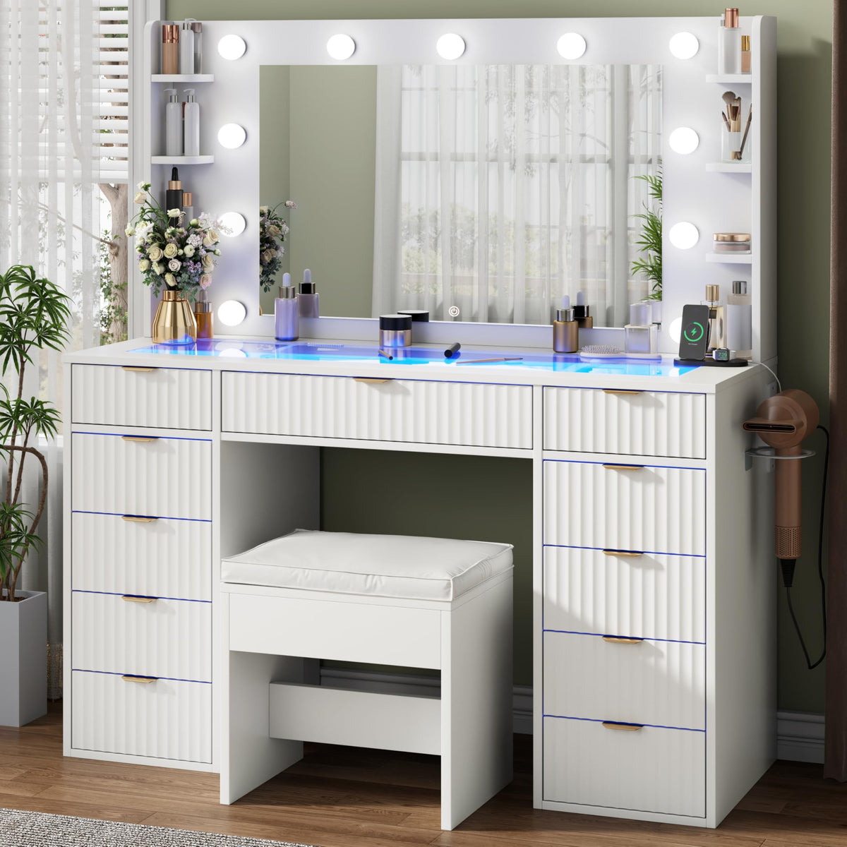 Gyfimoie Vanity Desk with Glass Top and 11 LED Bulbs,Makeup Table with Large Mirror & Power Outlet, Dressing Table with 11 Drawers & Cushioned Stool for Women and Girls,Bedroom