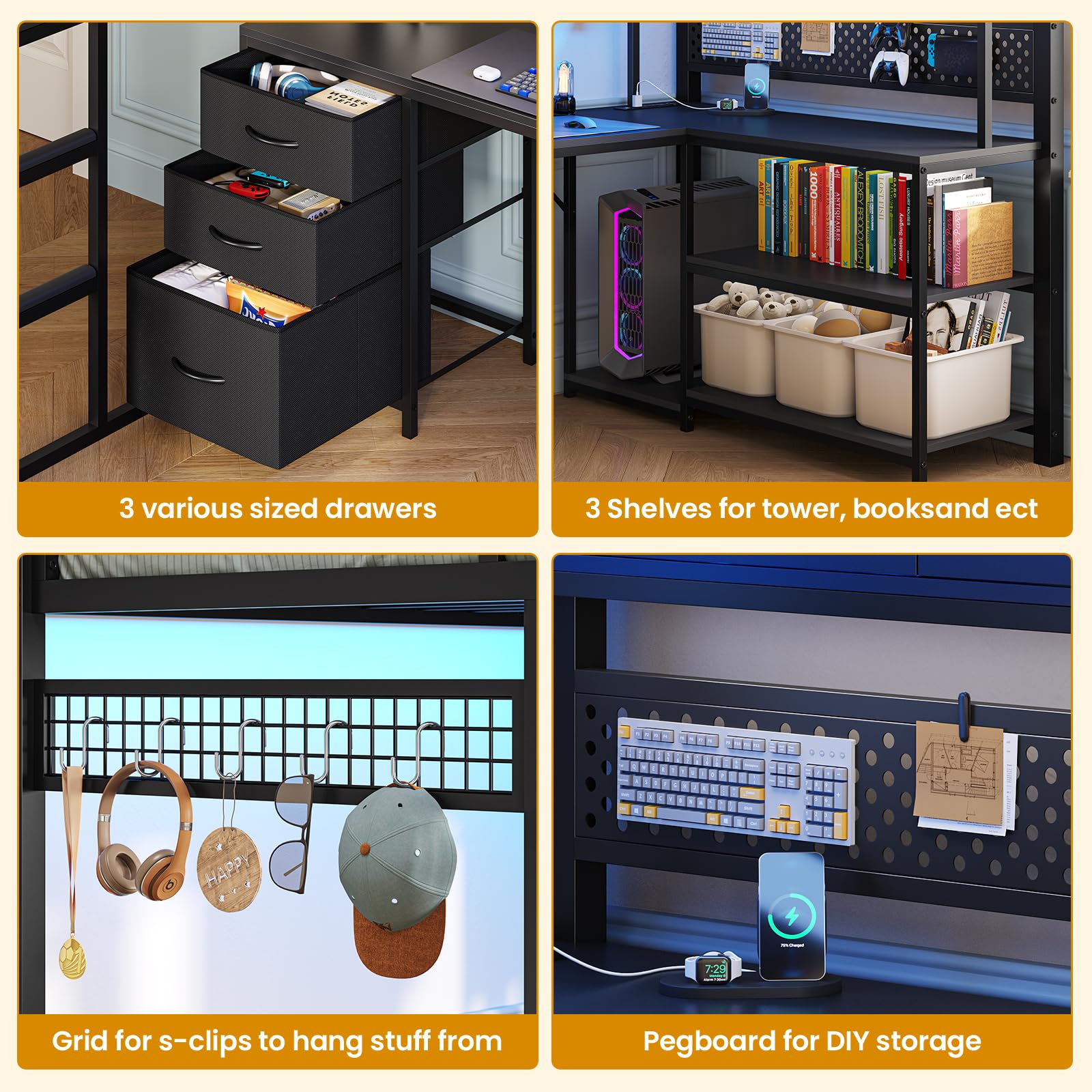 Twin Loft Bed with L-Shaped Gaming Desk & Storage