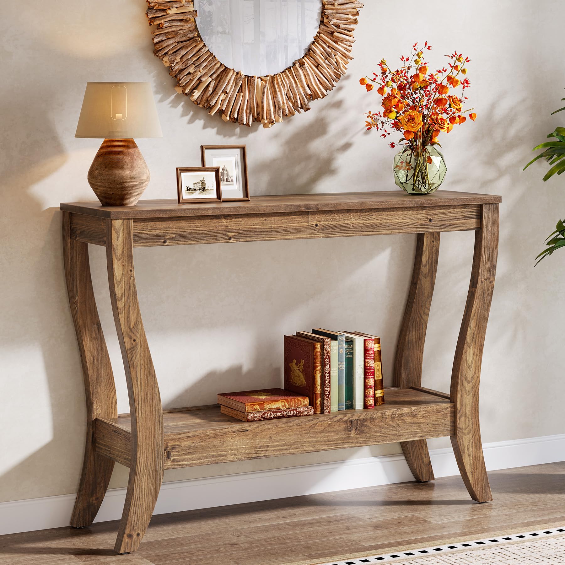 2-Tier Solid Wood Console Table with Shelf
