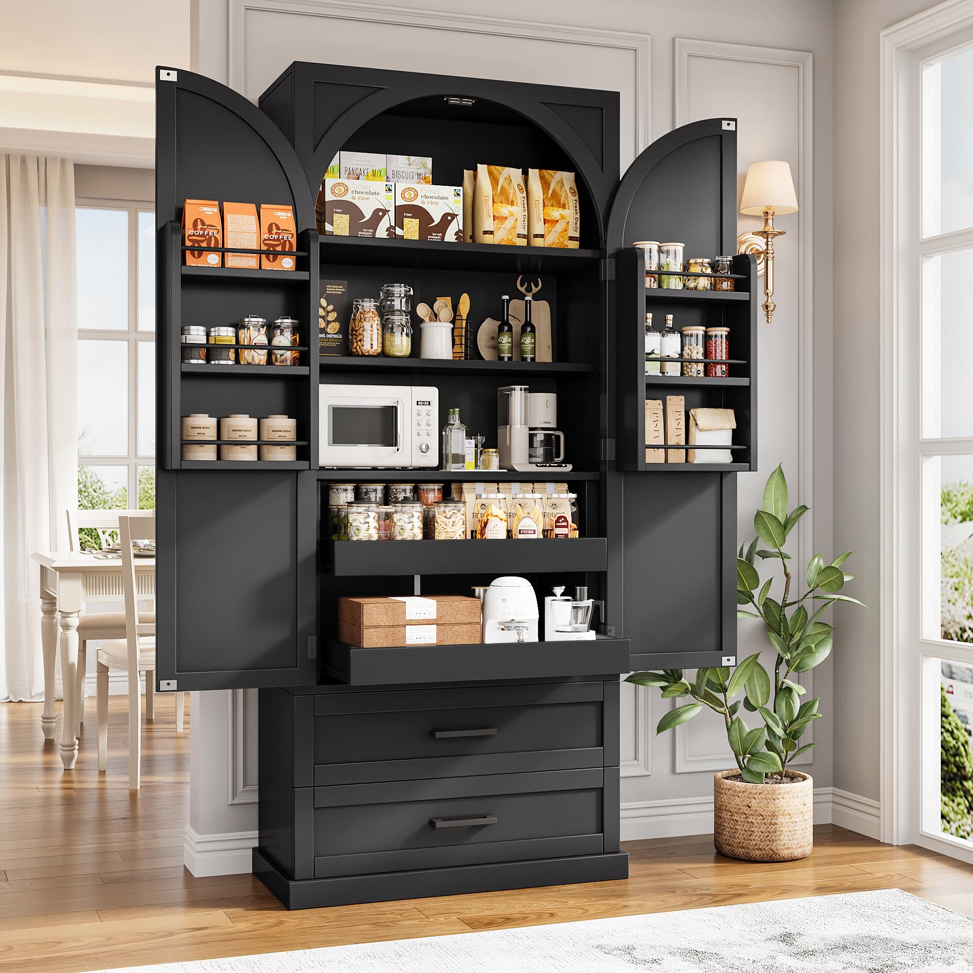 iPormis 71" Tall Kitchen Pantry Storage Cabinet w/Adjustable Shelf, Large Drawers & Door Shelves, Freestanding Kitchen Cupboard for Dining Room/Living Room, Black