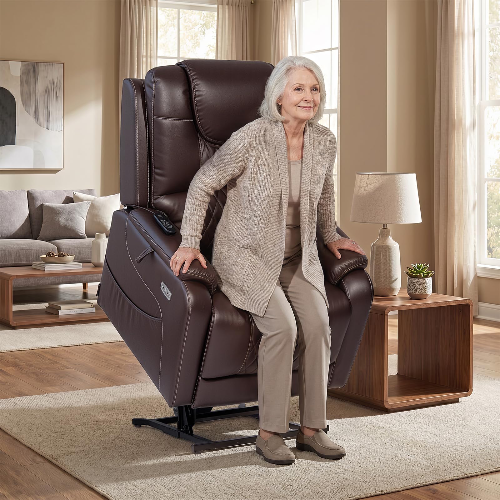 EONIX Triple Motor Lay Flat Power Lift Recliner Chair for Elderly with Massage, 400lbs Electirc Lift Chair for Living Room, Independent Adjustable Backrest Headrest, Extended Footrest, Dark Brown