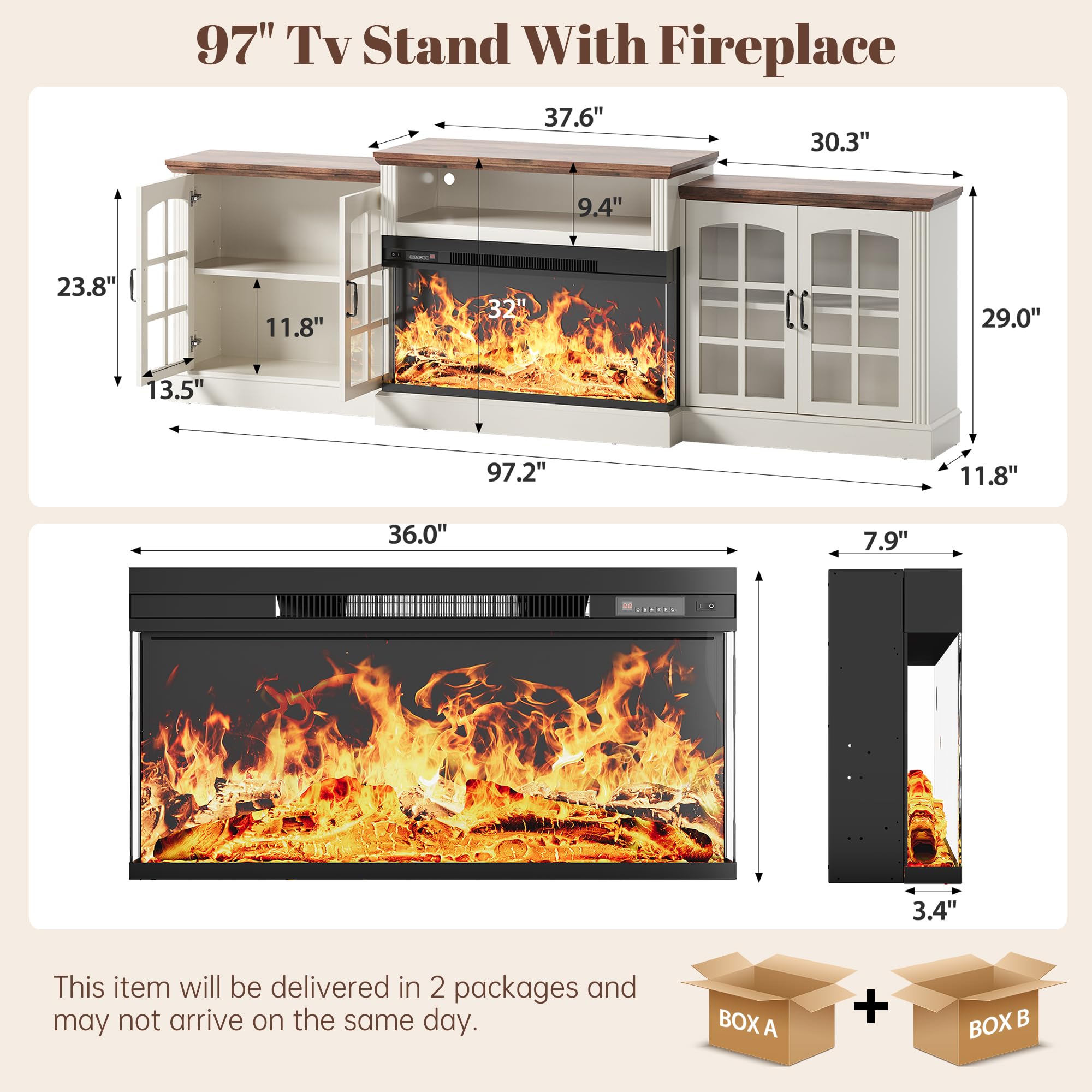 97" Farmhouse Fireplace TV Stand with 36" 3-Sided Electric Fireplace